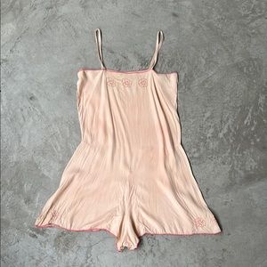 Vintage handmade embroidered silk 40’s 30’s romper tap pants onesie pink floral